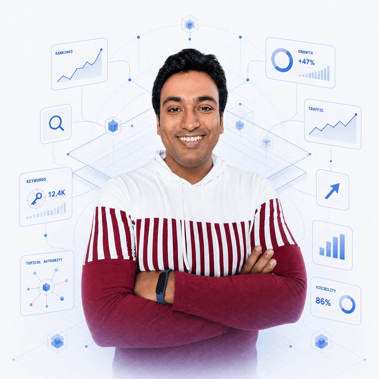 Alston Antony, SaaS SEO expert, surrounded by SEO dashboard panels showing keyword rankings, organic traffic growth, topical authority and search visibility metrics
