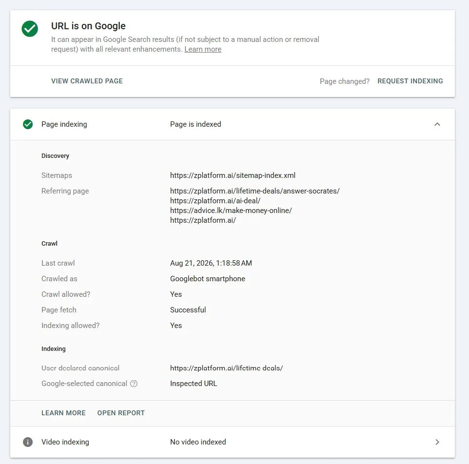 Google Search Console URL Inspection for zplatform.ai/lifetime-deals/, showing discovery, crawl and indexing details