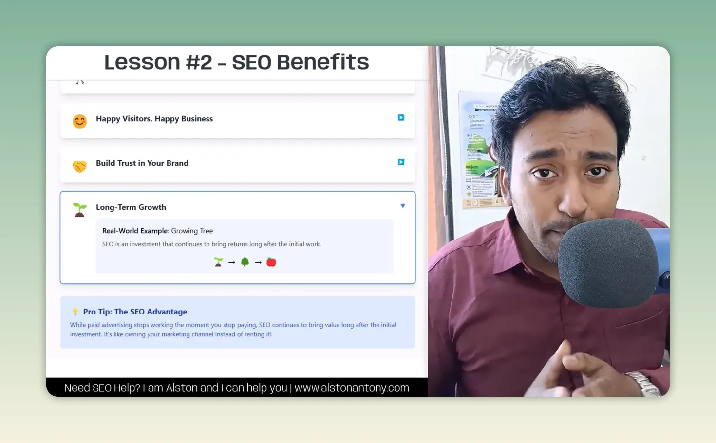 Lesson 2 SEO Benefits slide with Long-Term Growth expanded: the growing tree example and a tip on owning your marketing channel instead of renting it