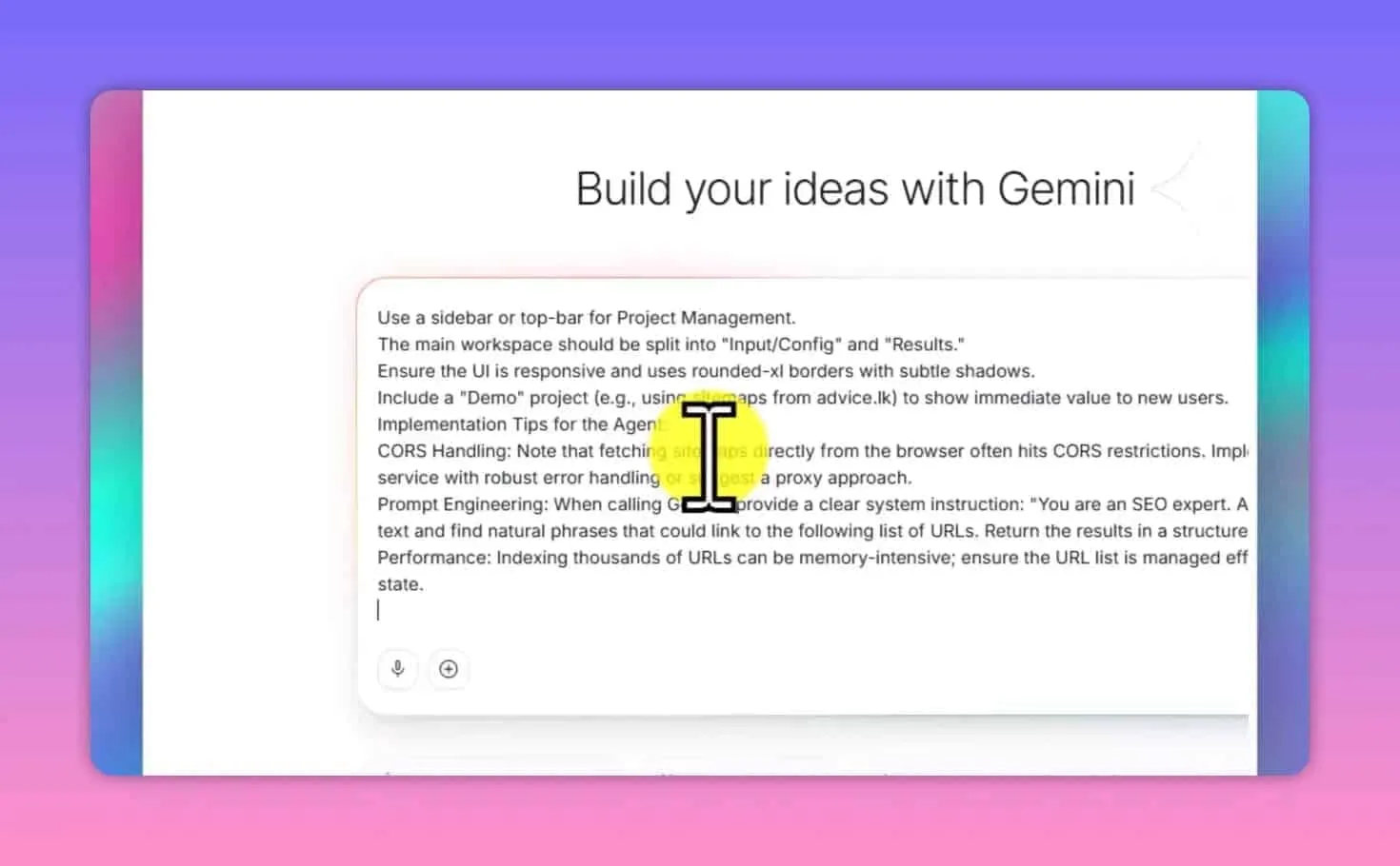 Google AI Studio showing the build prompt for the AI internal linking tool