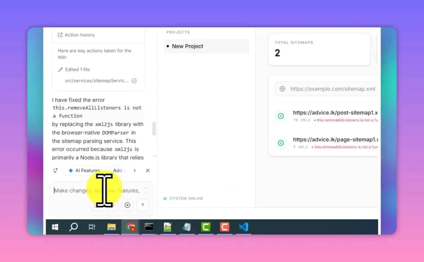 Google AI Studio action history showing the sitemap parsing fix