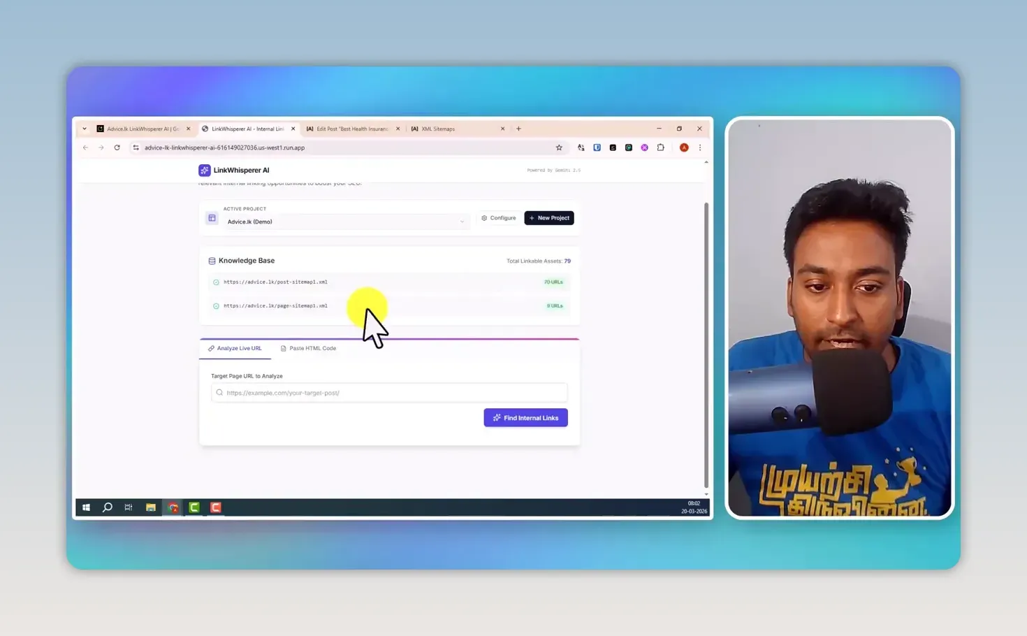 LinkWhisperer AI knowledge base for the advice.lk demo project, with a post sitemap of 70 URLs and a page sitemap of 9 URLs making 79 linkable assets