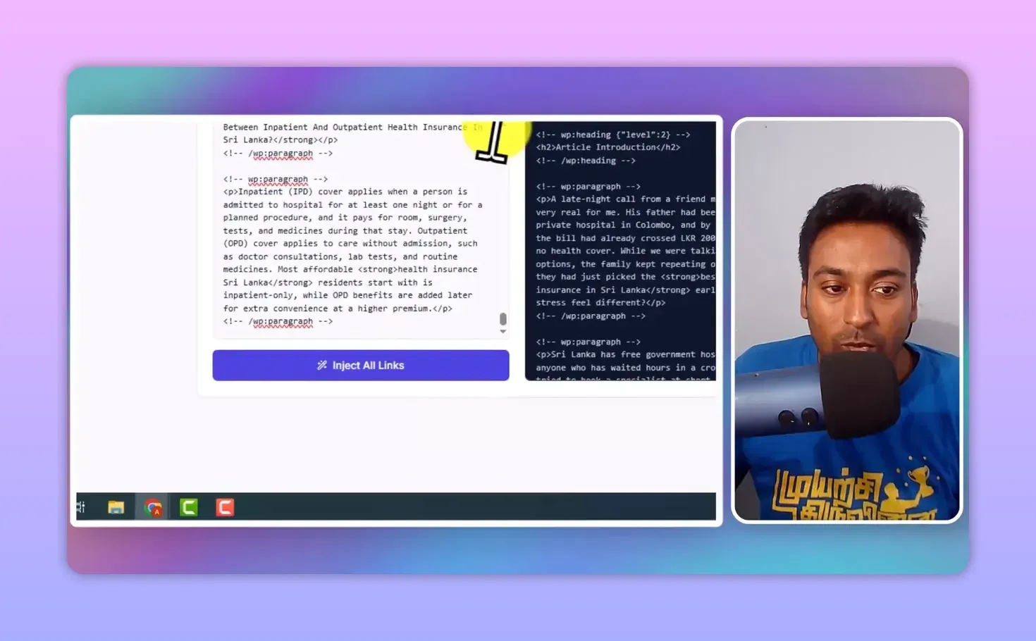 HTML code editor with the article's WordPress block HTML on the left, the Inject All Links button below it, and the updated HTML on the right