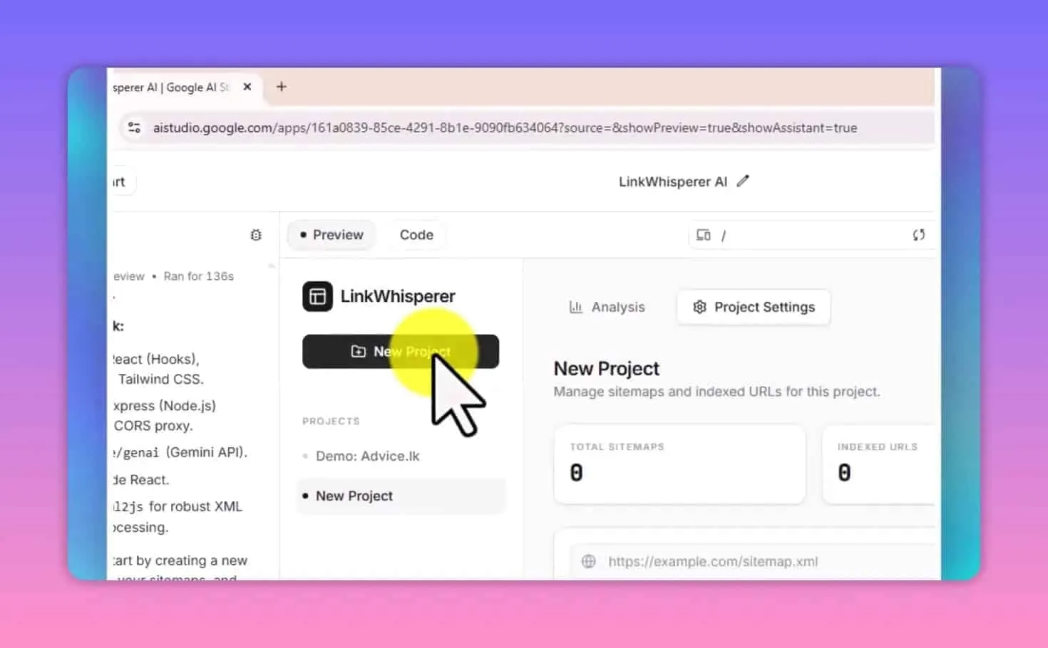 LinkWhisperer AI project screen showing sitemap URLs and the indexed page count