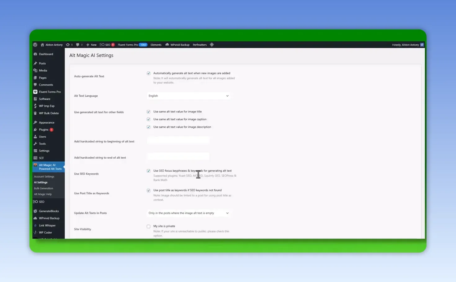 Alt Magic AI Settings in WordPress with automatic generation on, English selected and updates only where alt text is empty