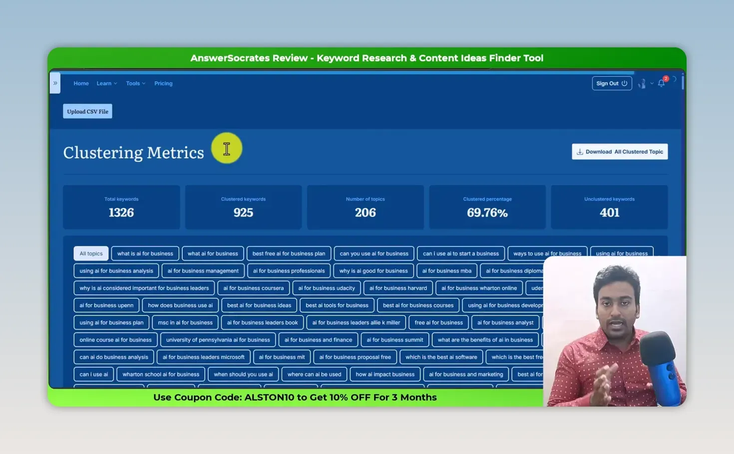 Answer Socrates clustering metrics: 1,326 keywords, 925 clustered into 206 topics (69.76%) and 401 unclustered, above a grid of topic names
