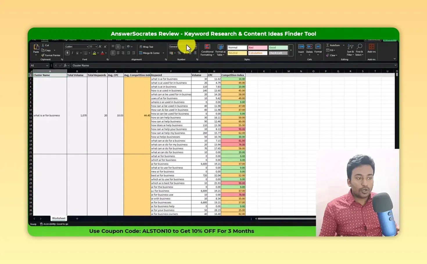 Answer Socrates CSV export in a spreadsheet: the what is ai for business cluster with 1,070 total volume, 20 keywords and color-coded competition