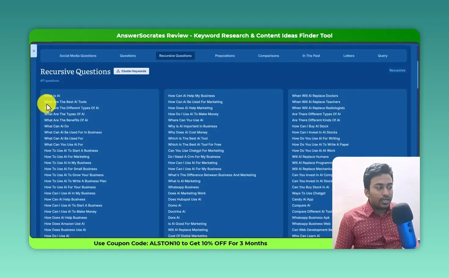 Answer Socrates Recursive Questions tab listing 477 questions, from What Is AI to How Can AI Help My Business and When Will AI Replace Doctors