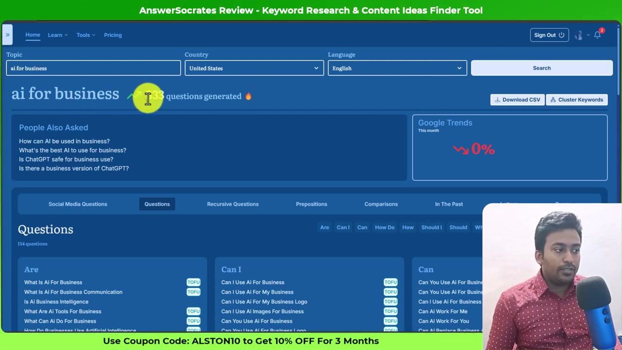 Answer Socrates dashboard showing 833 questions generated for the seed keyword ai for business, with People Also Asked, Google Trends and the questions modifier chips