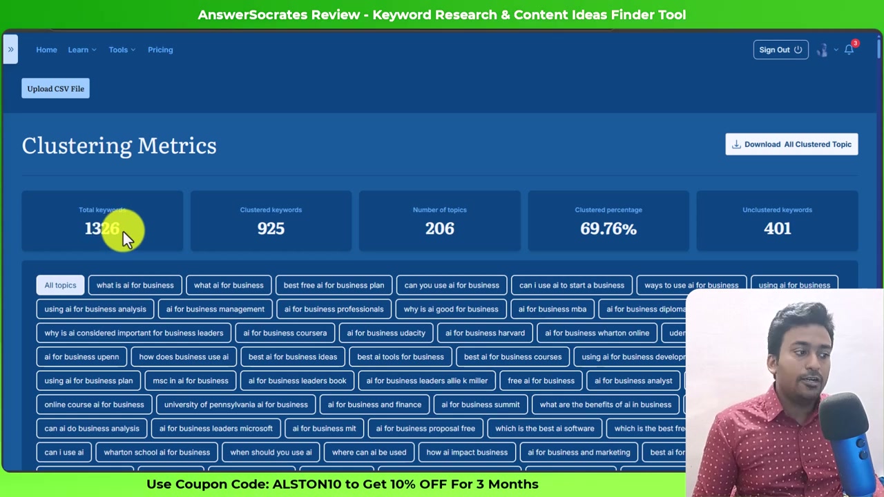Answer Socrates Clustering Metrics: 1,326 total keywords, 925 clustered, 206 topics, 69.76 percent clustered, 401 unclustered