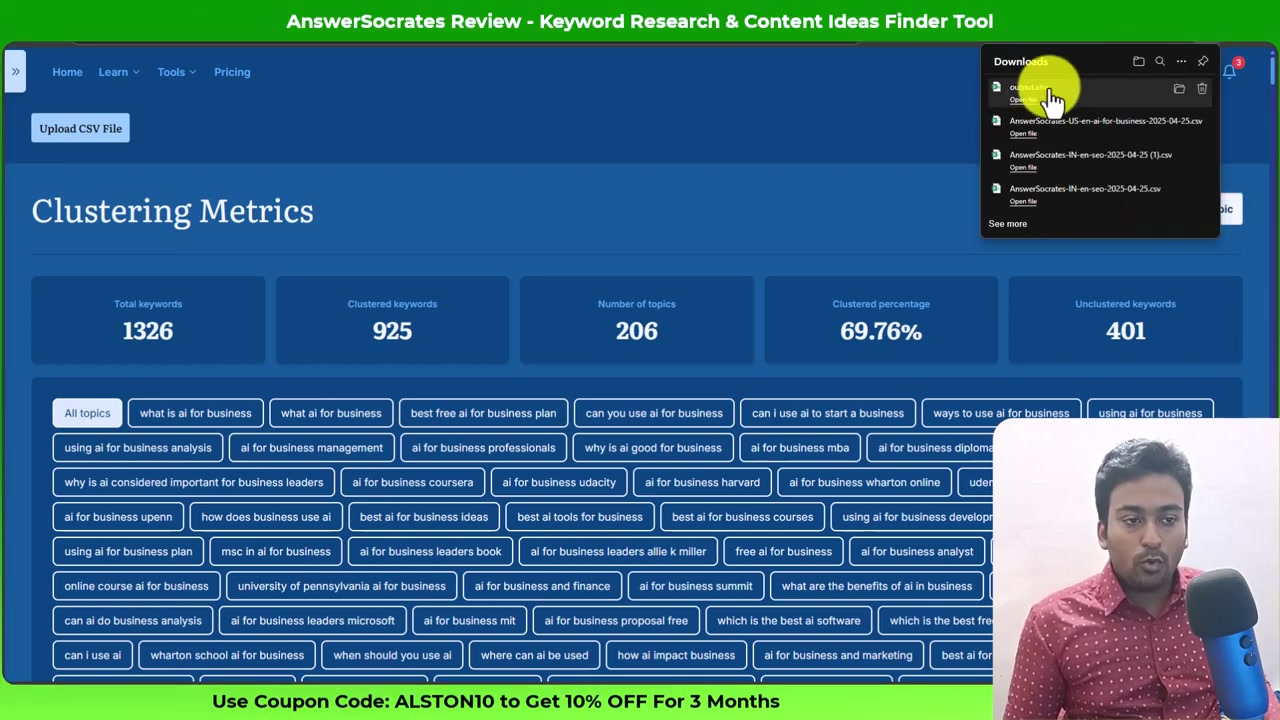 Answer Socrates CSV download panel showing exports named AnswerSocrates-US-en-ai-for-business and AnswerSocrates-IN-en-seo