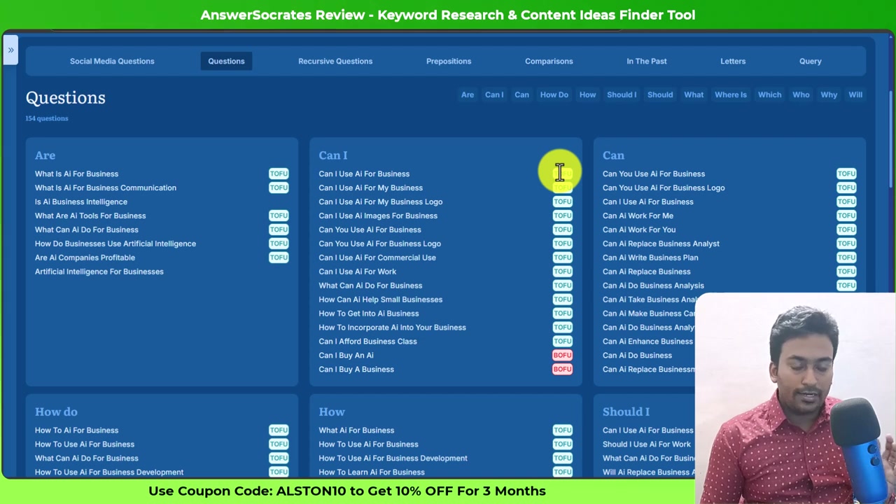 Answer Socrates questions view grouped by modifier chips with TOFU and BOFU intent labels beside each keyword