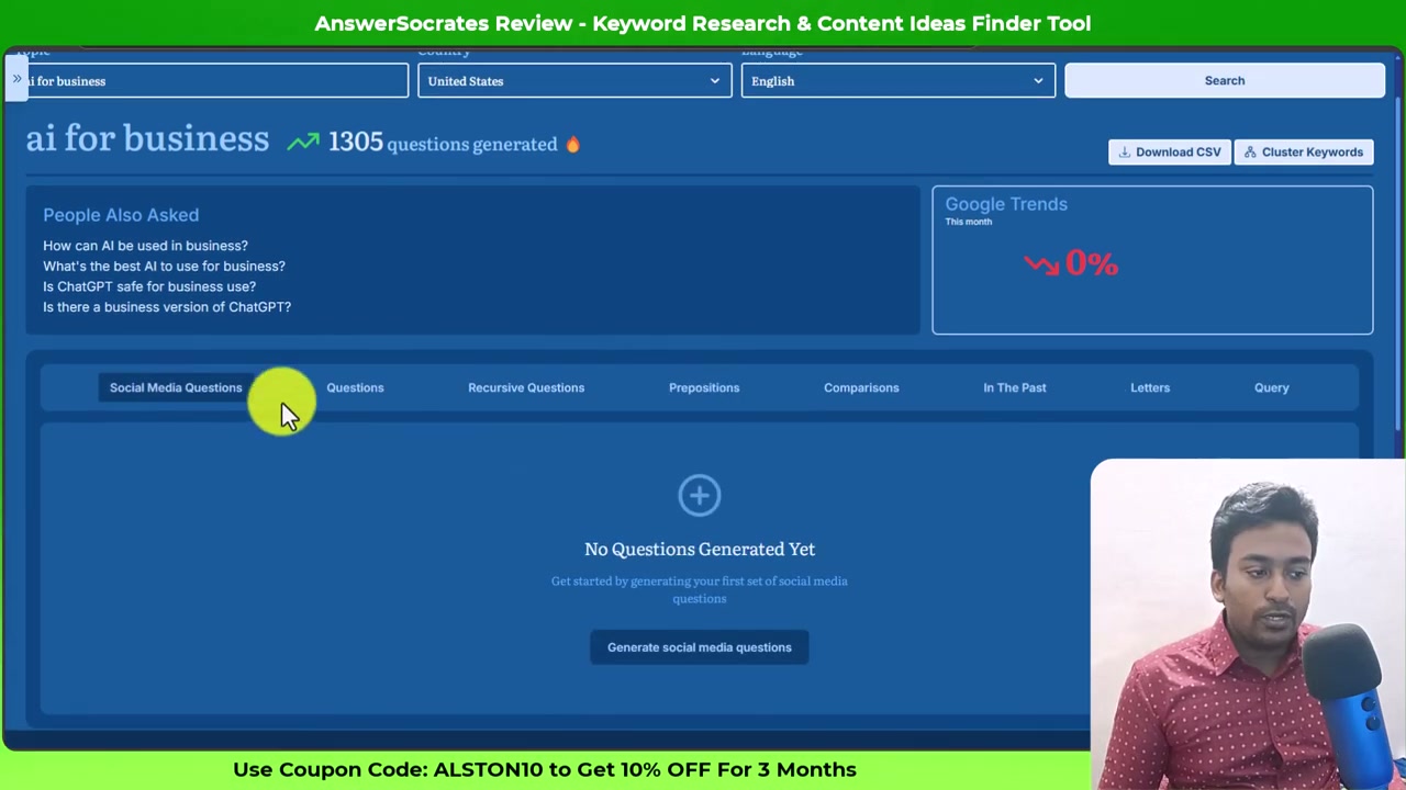 Answer Socrates showing 1,305 questions generated so far, with the empty Social Media Questions tab and its generate button