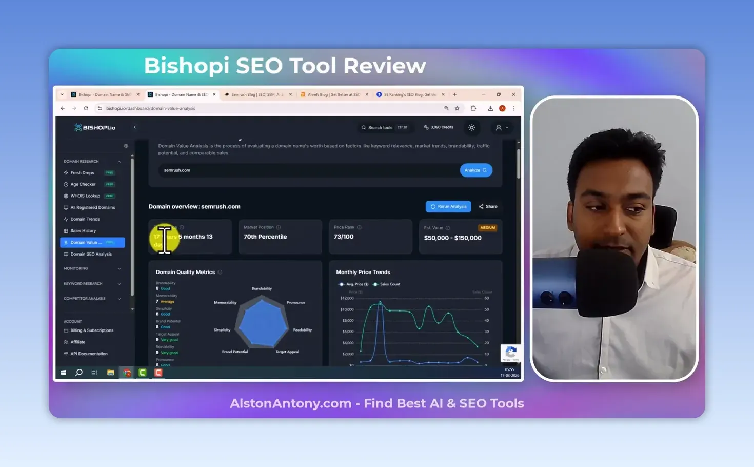 Bishopi Domain Value Analysis for semrush.com: 70th percentile market position, price rank 73/100, estimated value $50,000 to $150,000