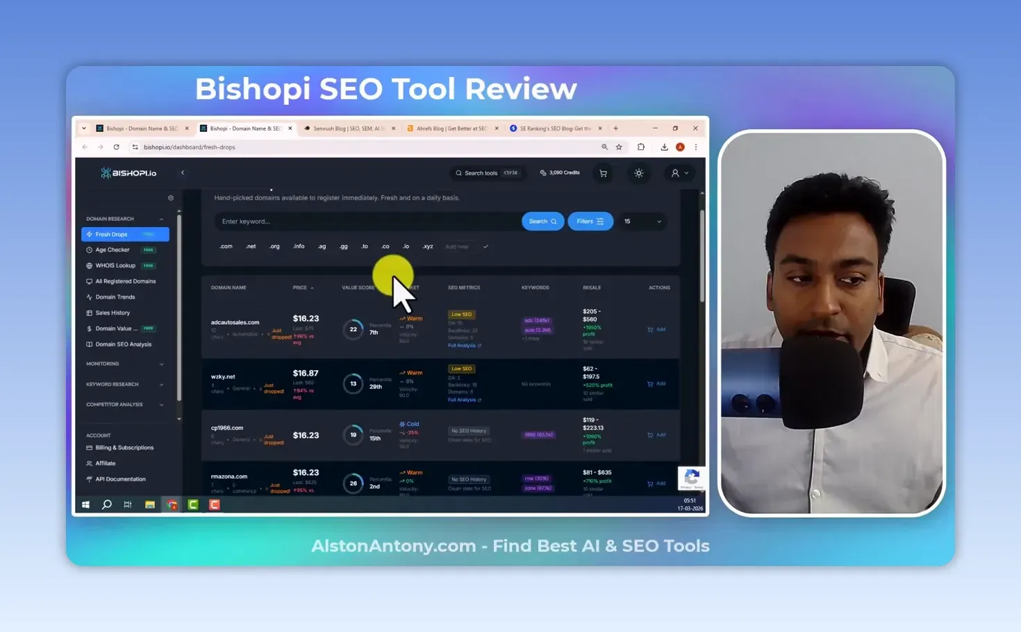 Bishopi Fresh Drops list with a keyword search, TLD filters, and rows of dropped domains showing price, value score, SEO metrics and resale estimates