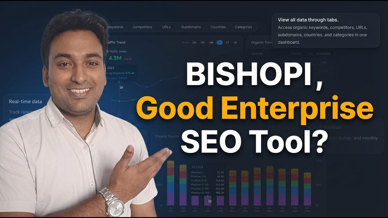 Bishopi review video thumbnail asking Bishopi, Good Enterprise SEO Tool, over a traffic trend and organic position dashboard