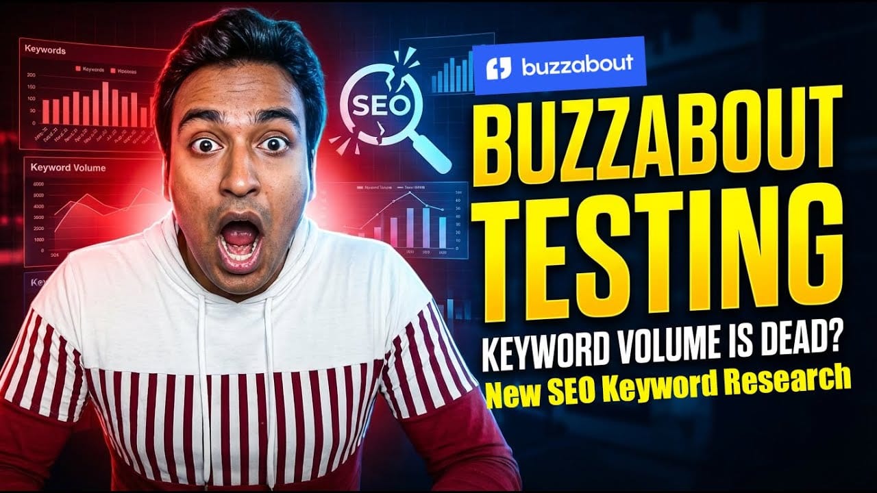 BuzzAbout review video thumbnail reading BuzzAbout Testing, Keyword Volume Is Dead, New SEO Keyword Research, beside the BuzzAbout logo