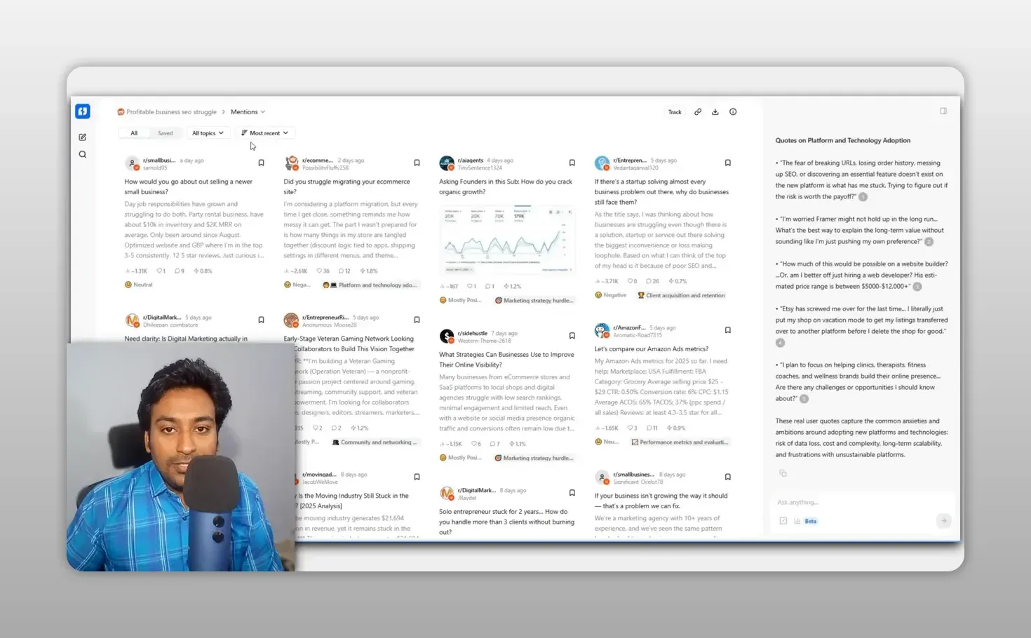 BuzzAbout mentions page: a grid of Reddit posts with topic and sentiment tags, sorted by most recent, beside audience quotes