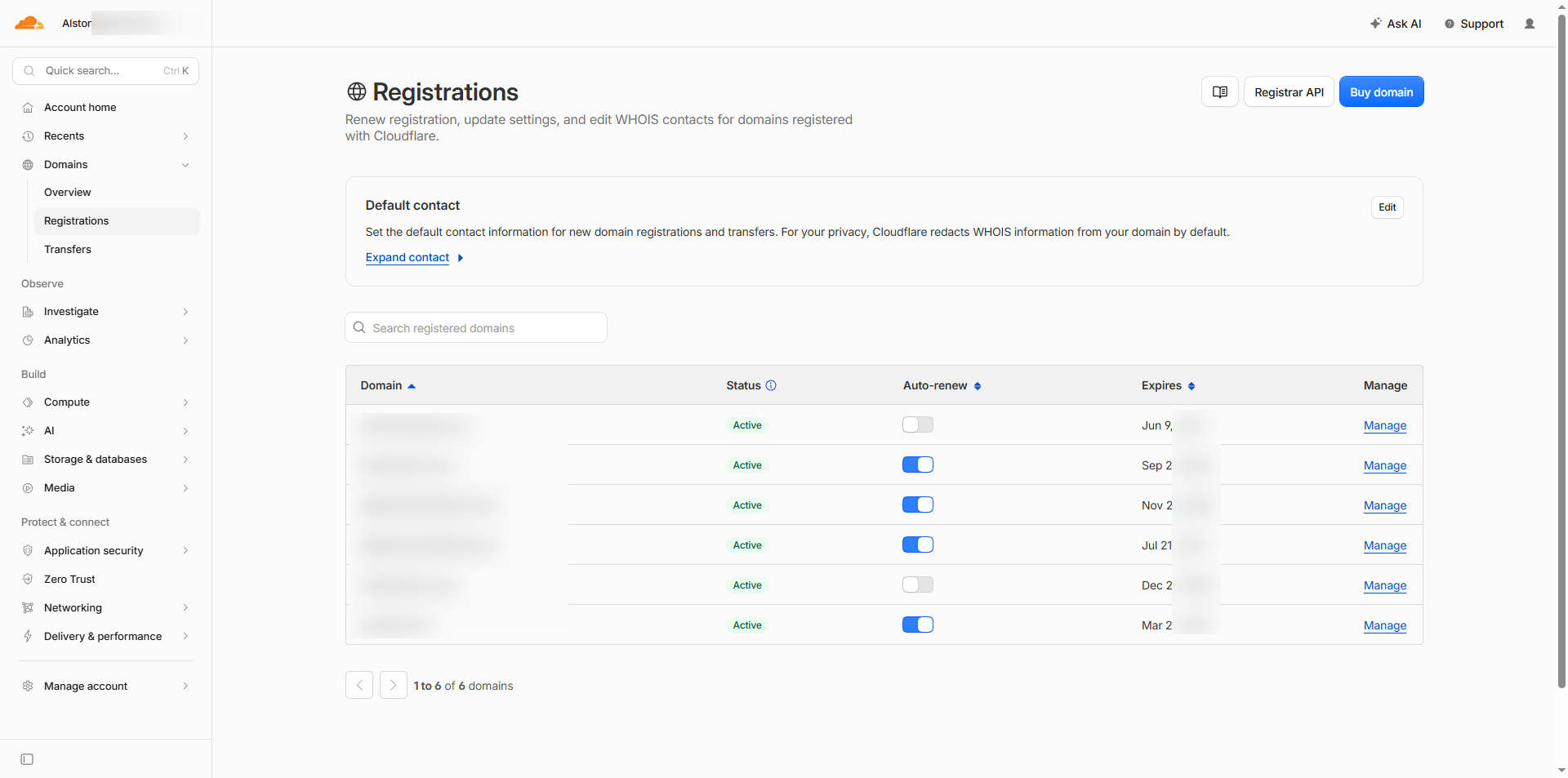 Cloudflare Registrar dashboard stating that WHOIS information is redacted from domains by default