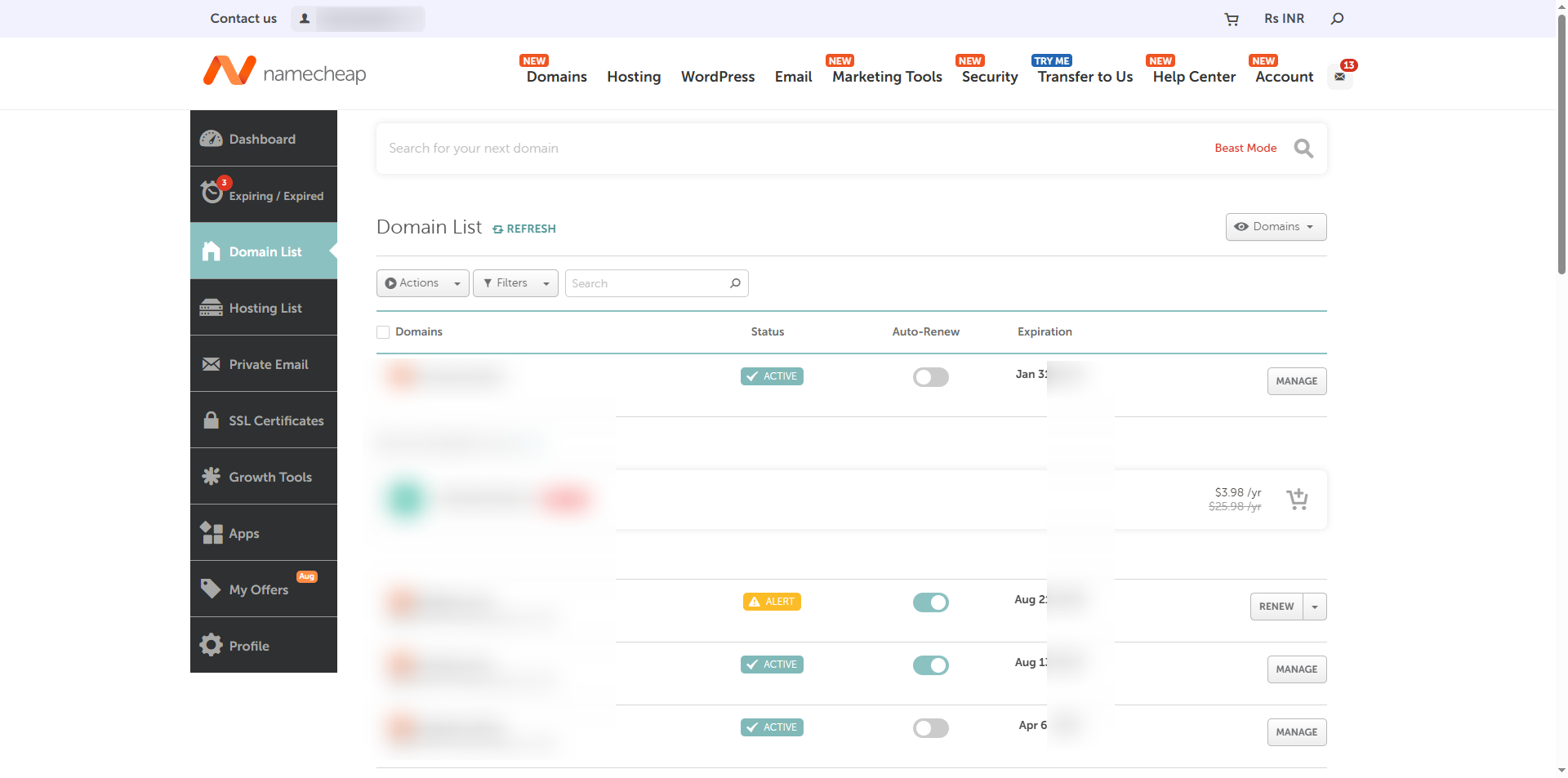 Namecheap domain list showing a domain offered at 3.98 dollars a year with 25.98 struck through