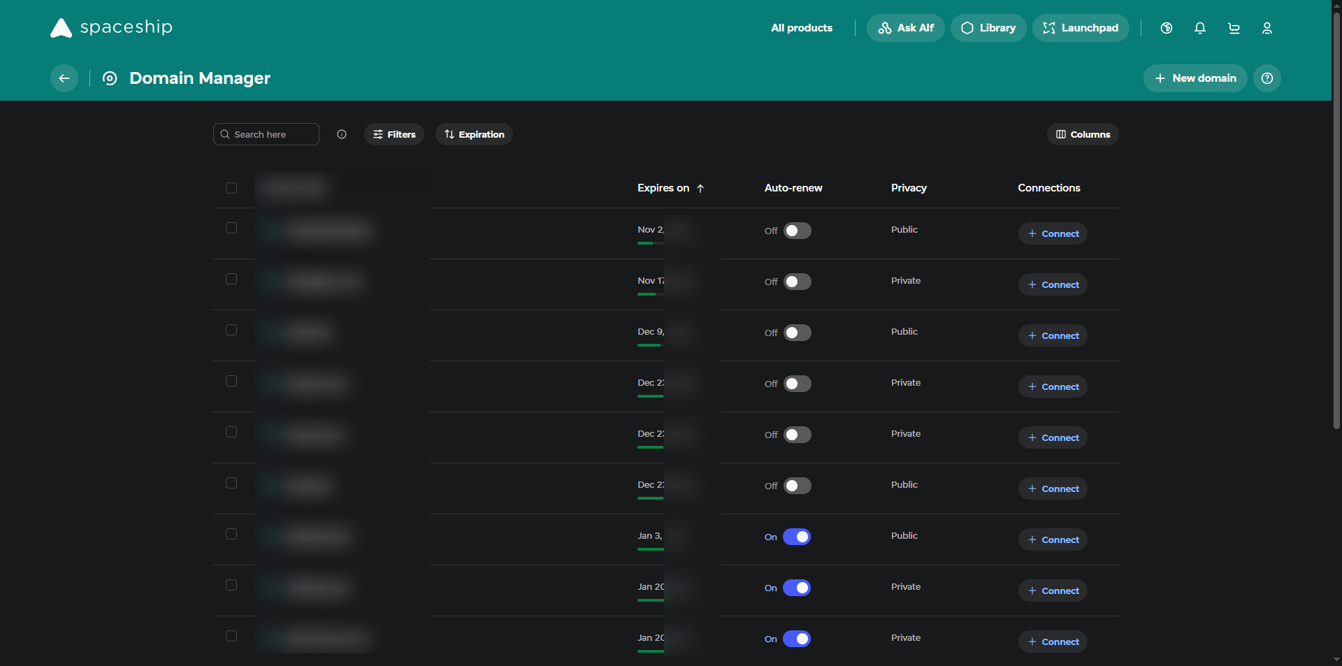 Spaceship domain manager showing a per-domain privacy column set to private or public