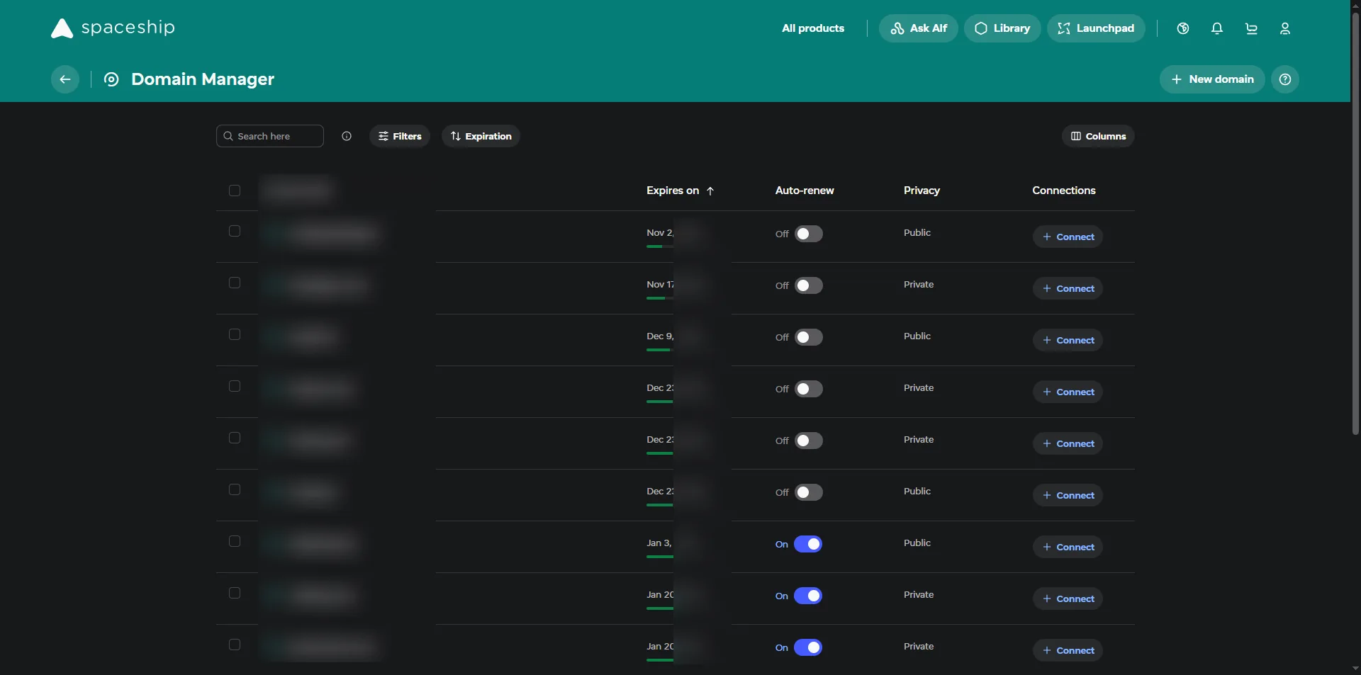 Spaceship domain manager showing a per-domain privacy column set to private or public