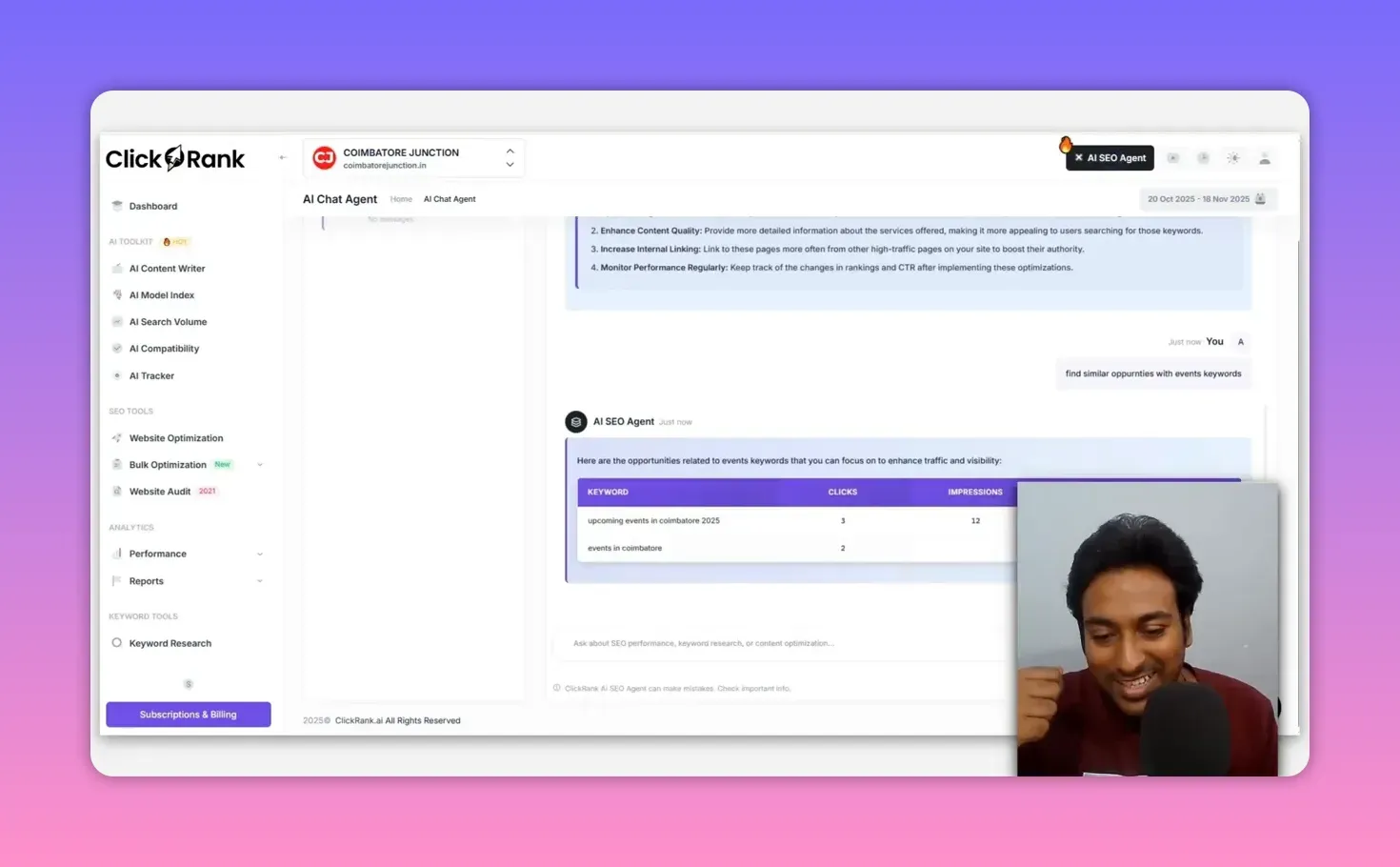 ClickRank AI SEO Agent answering a request for event keyword opportunities with a table of keywords, clicks and impressions for coimbatorejunction.in