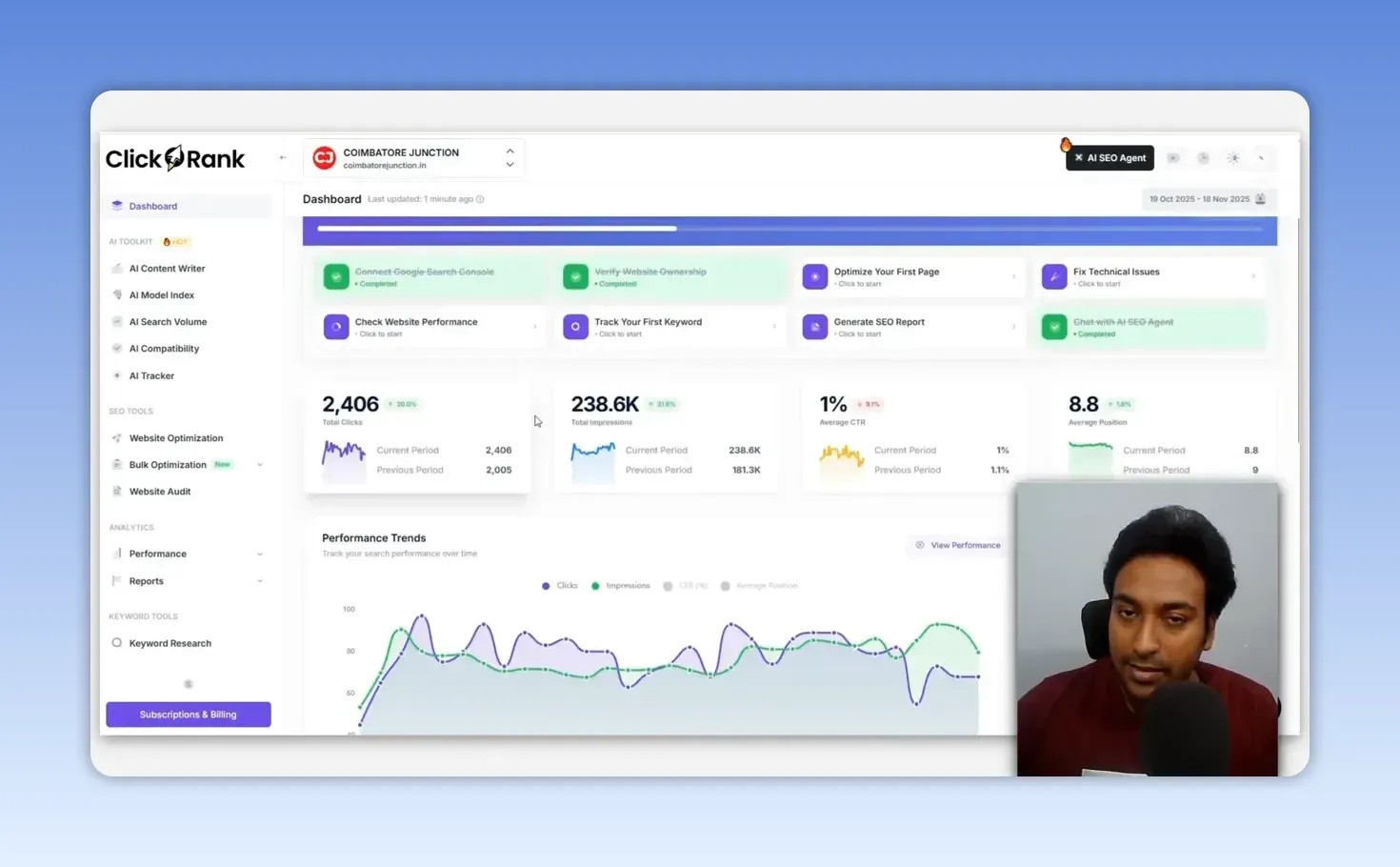 ClickRank dashboard for coimbatorejunction.in showing 2,406 clicks, 238.6K impressions, 1% CTR and average position 8.8 above a trend chart