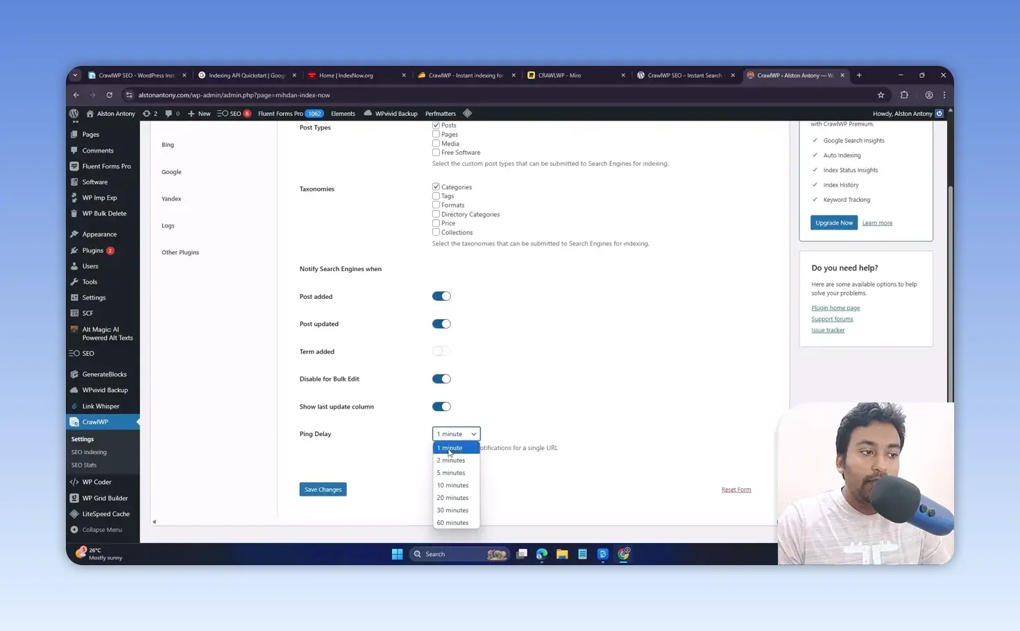 CrawlWP IndexNow settings with post type and taxonomy checkboxes, post added and post updated toggles, and the ping delay menu from 1 to 60 minutes