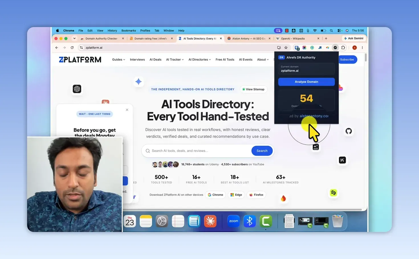 Extension popup open on the zplatform.ai homepage, with the current domain filled in, the Analyze Domain button and a Domain Rating of 54