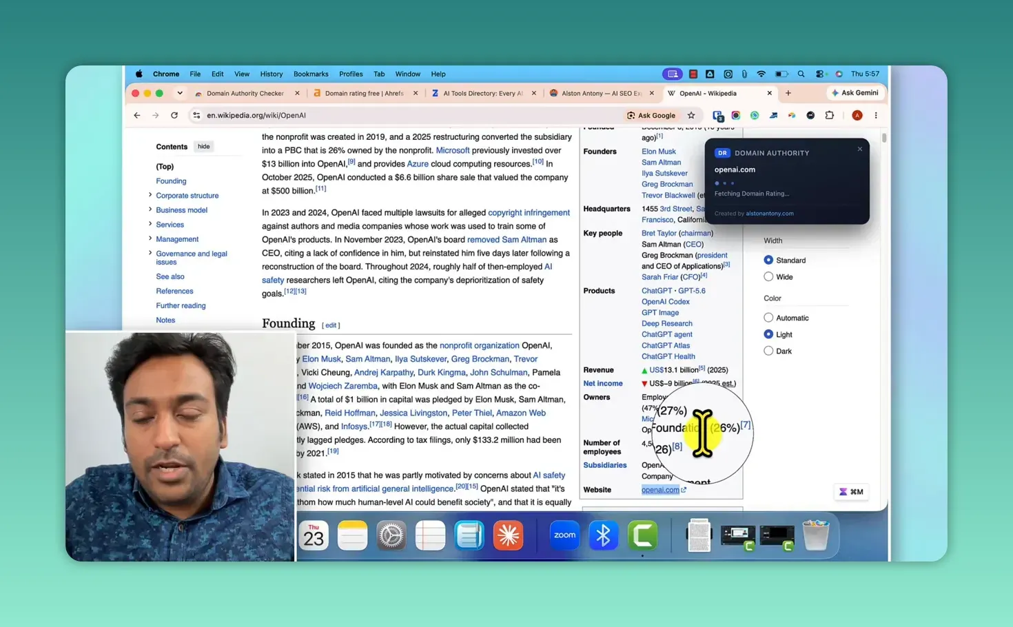 Popup reading openai.com and Fetching Domain Rating after a right-click on the website link in the Wikipedia infobox for OpenAI