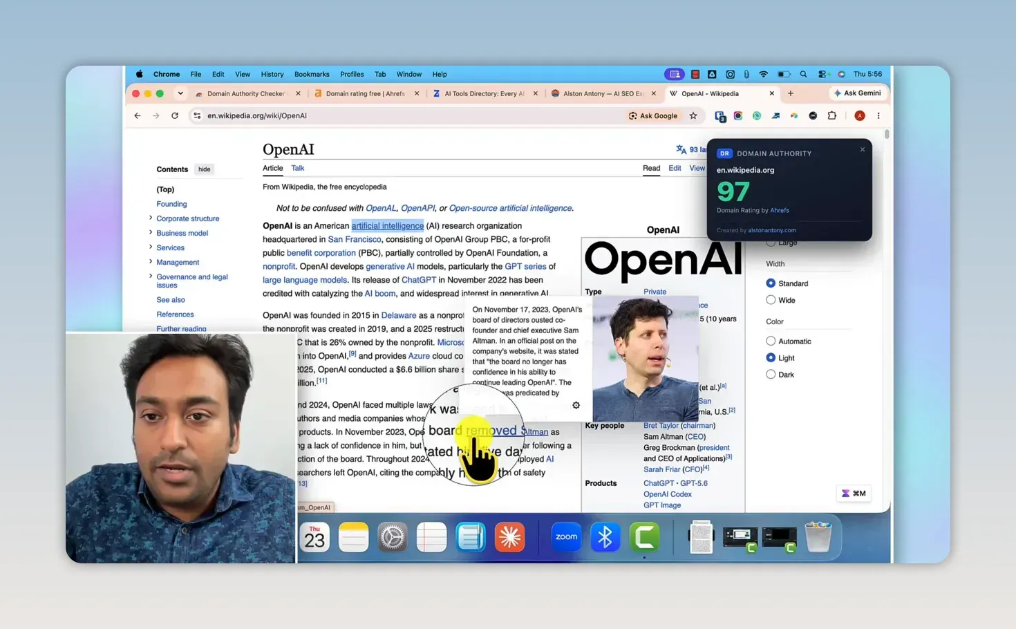 Right-click popup over the OpenAI article on Wikipedia showing a Domain Rating of 97 for en.wikipedia.org, checked without leaving the page