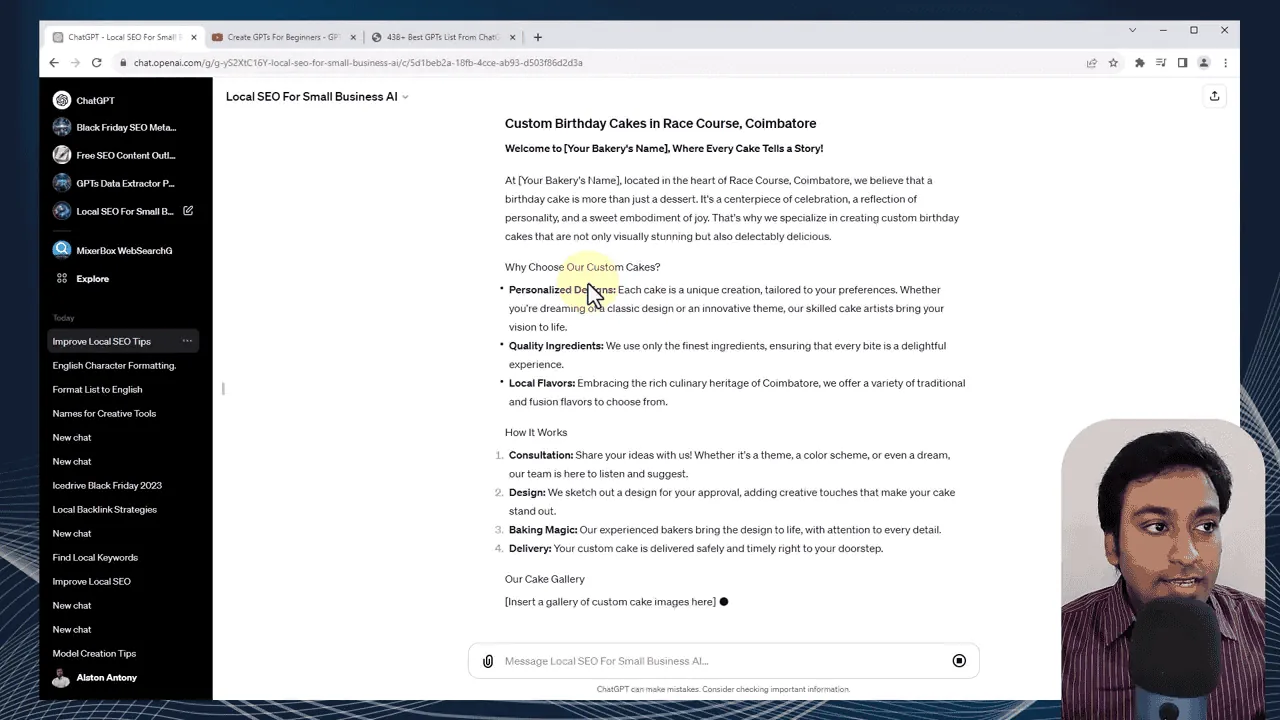 Sample content generated by the GPT for a custom birthday cakes page in Racecourse Coimbatore with title, intro, and structure