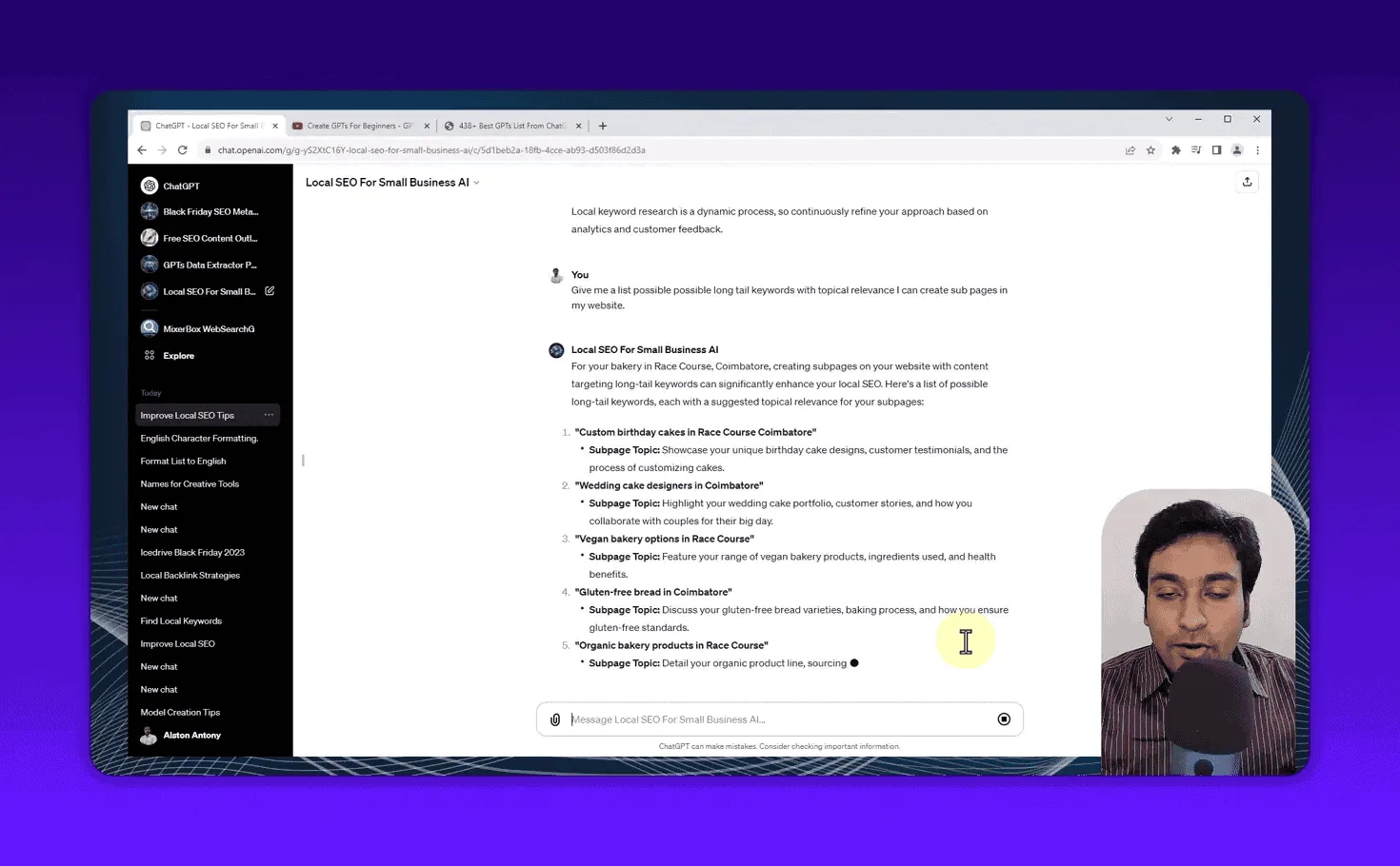 GPT showing long-tail keyword subpage ideas for a Coimbatore bakery including birthday cakes, wedding cakes, and vegan options