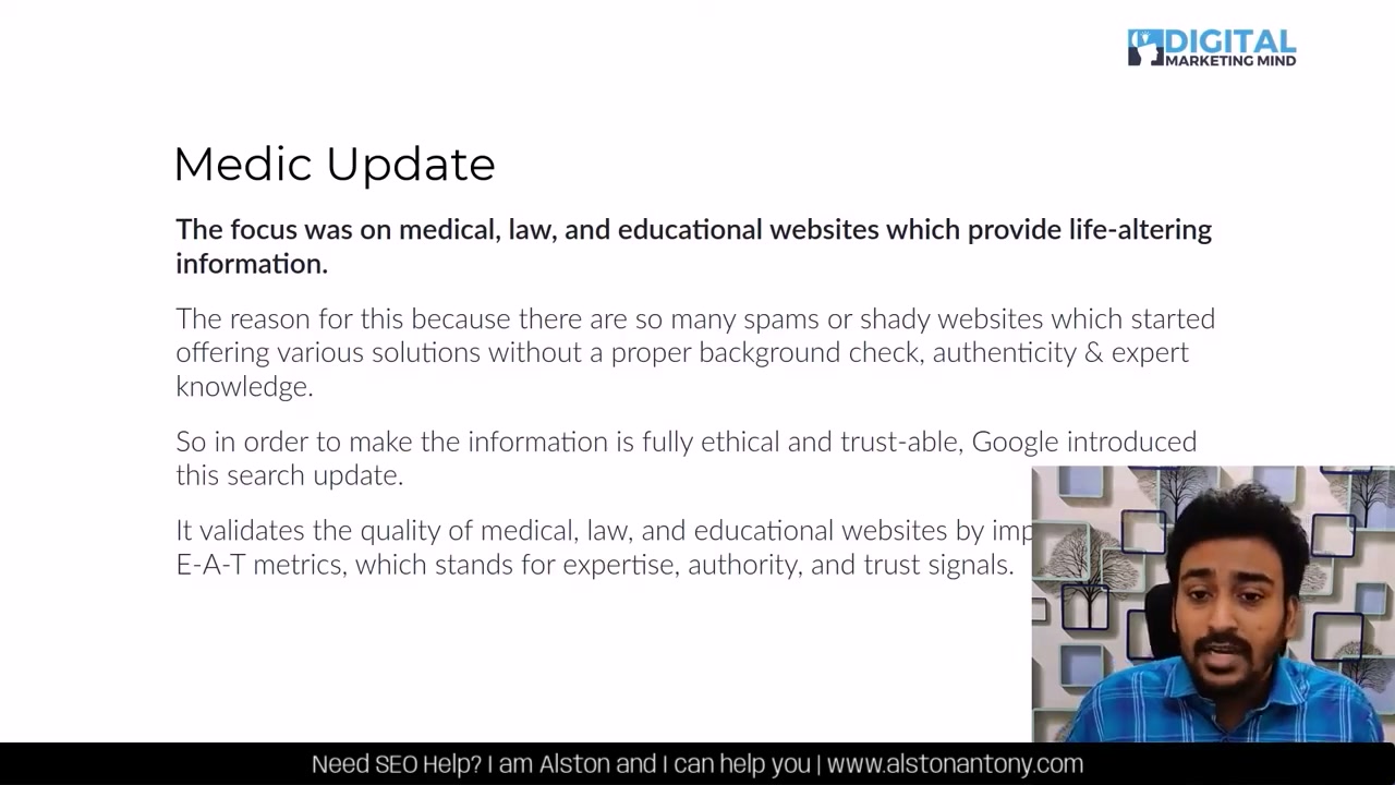 Content quality section of the free SEO course showing Alston teaching on camera with the presentation slide behind