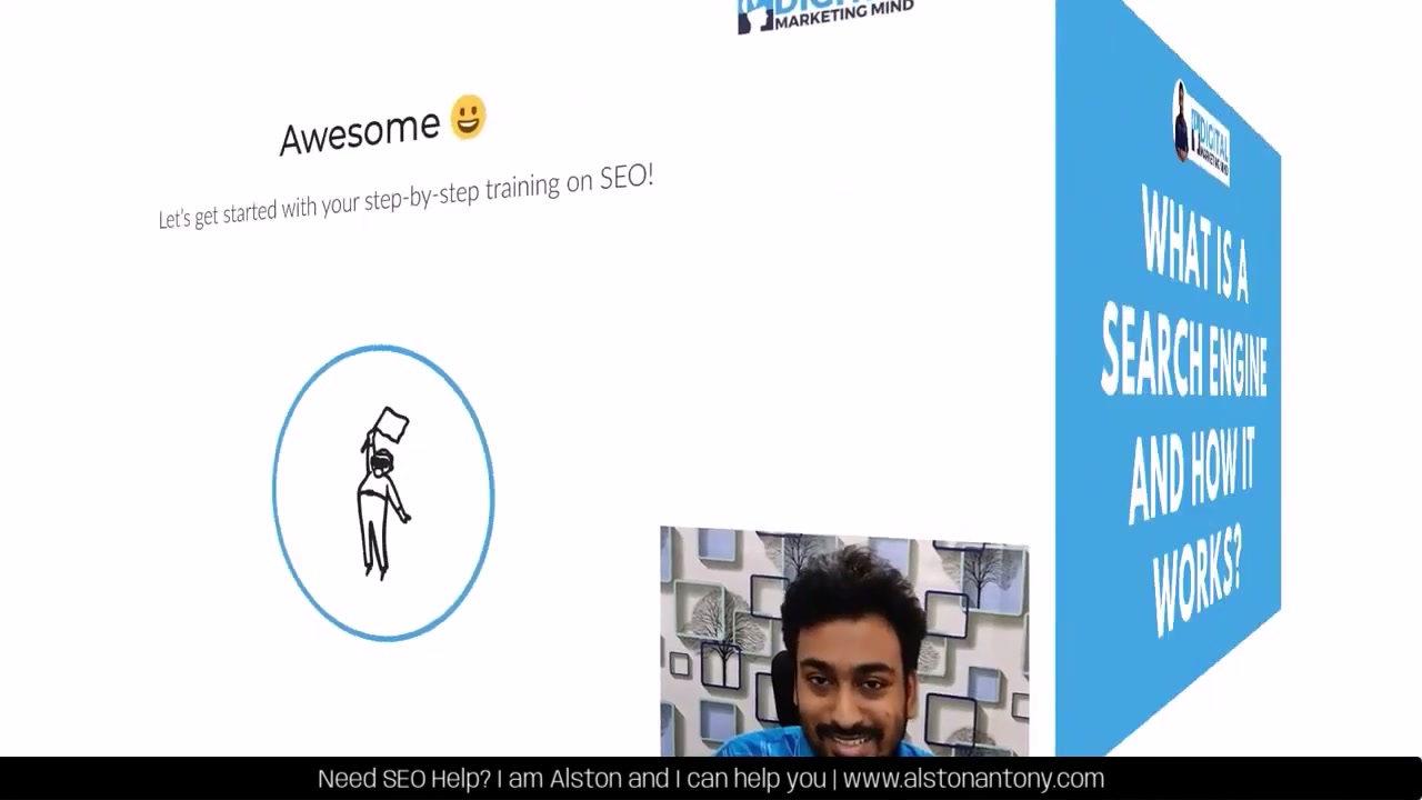 Alston teaching the opening of the free SEO course with the Digital Marketing Mind branding visible