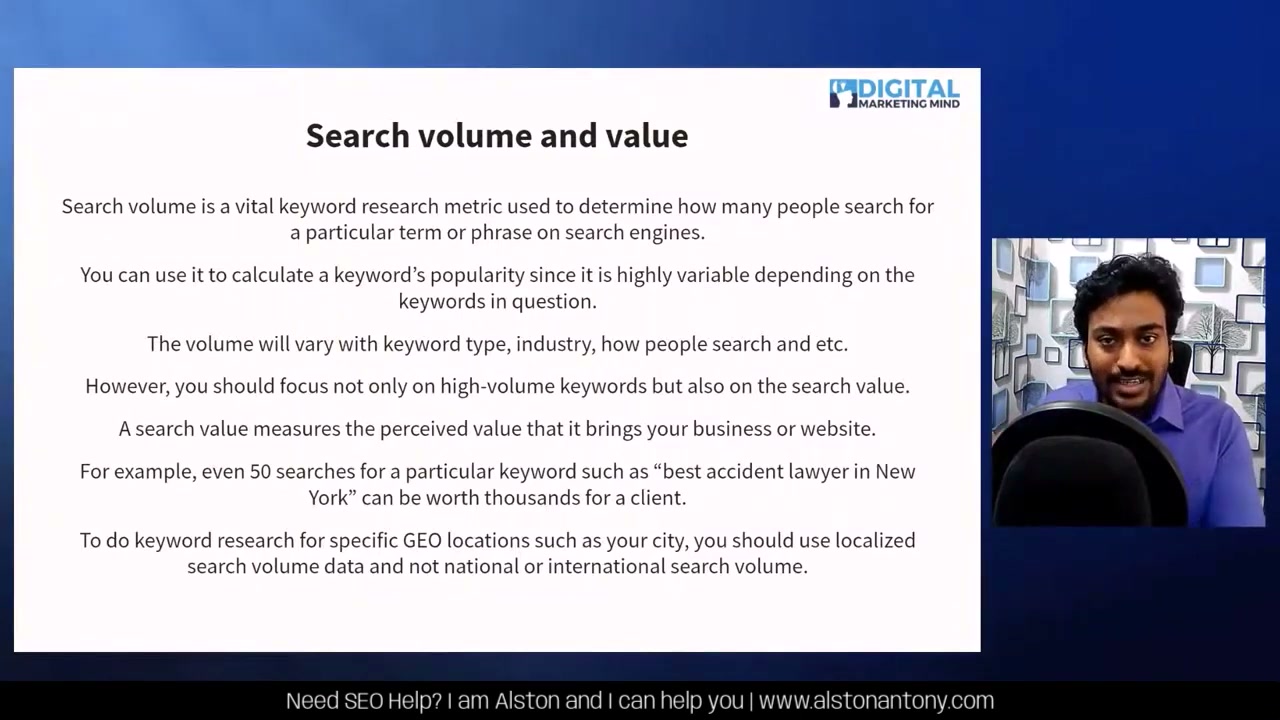 Keyword research core section of the free SEO course with the metrics discussion on screen