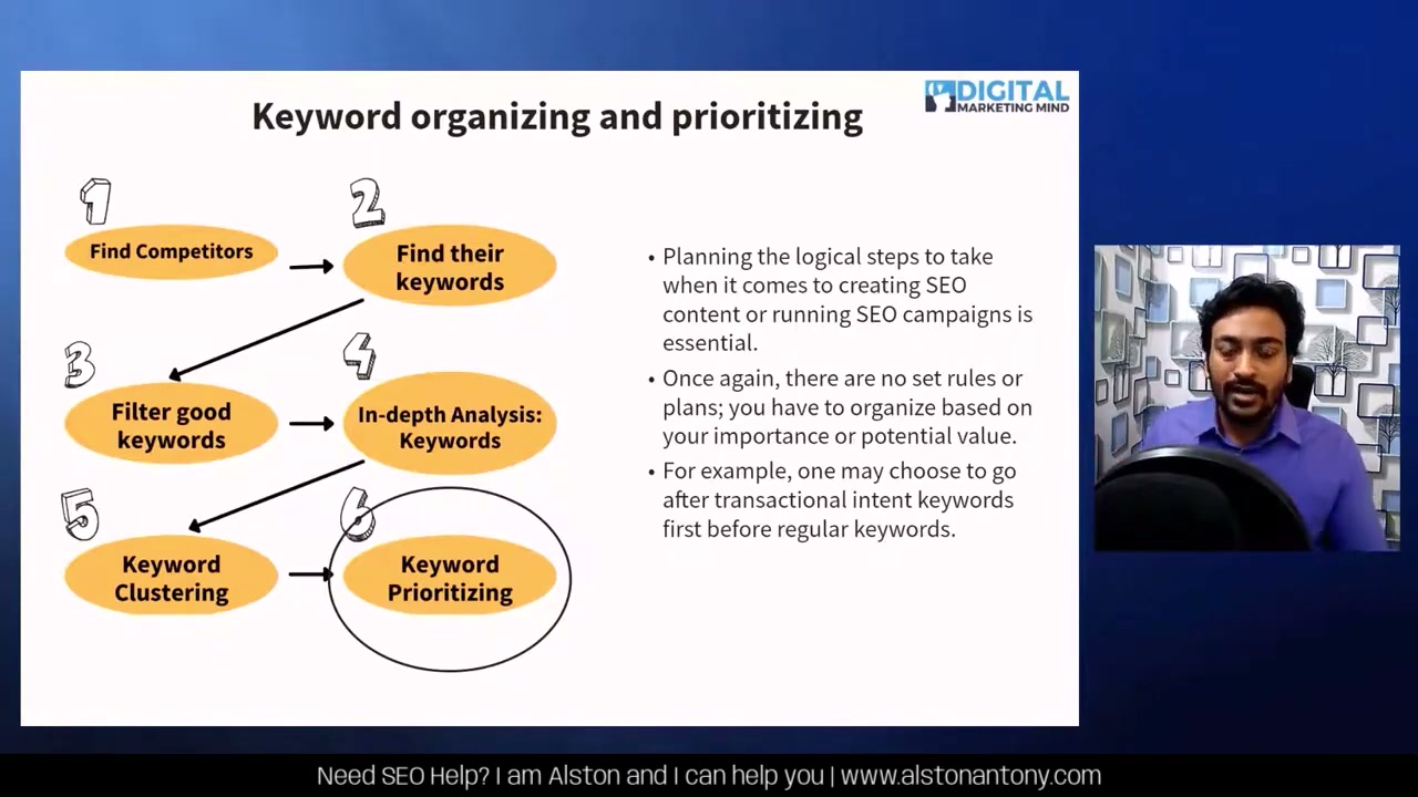 Deep keyword research section of the free SEO course with filter logic on screen
