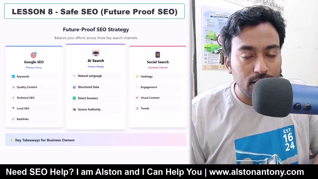 Search intent section of the free SEO course with Alston on camera walking through the intent model