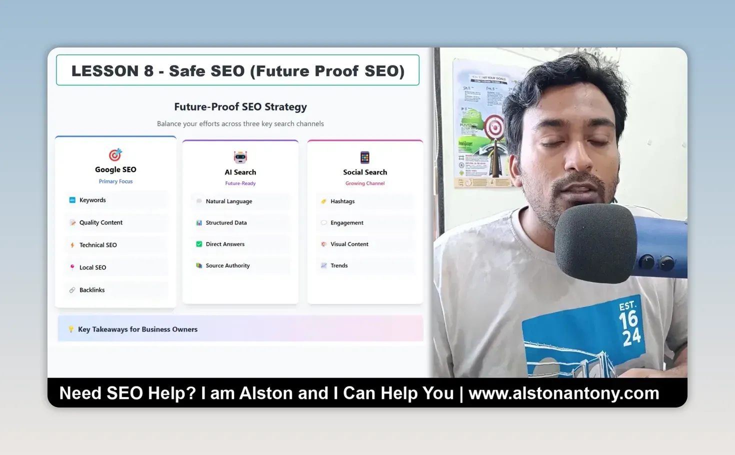 Lesson slide titled Future-Proof SEO Strategy, balancing effort across Google SEO as the primary focus, AI search and social search