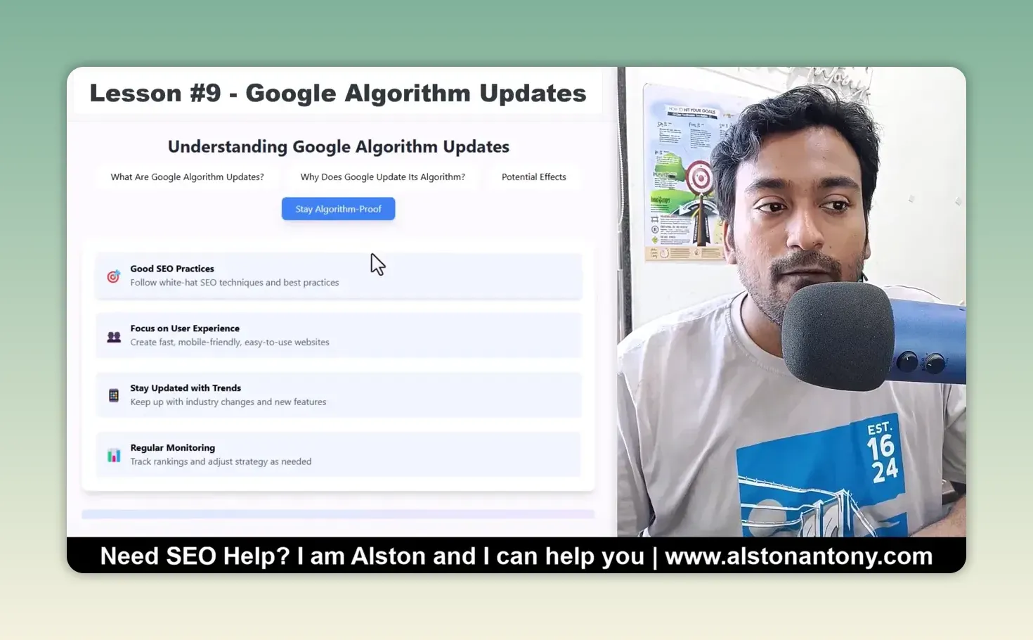Lesson slide listing good SEO practices, user experience, staying updated with trends and regular rank monitoring
