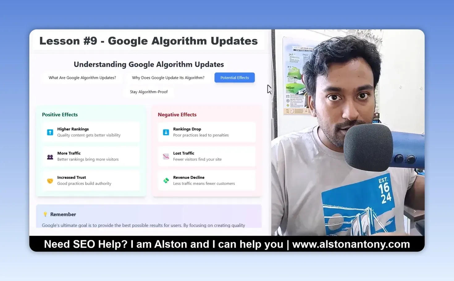Lesson slide comparing positive effects of Google updates, such as higher rankings, with negative ones, such as lost traffic