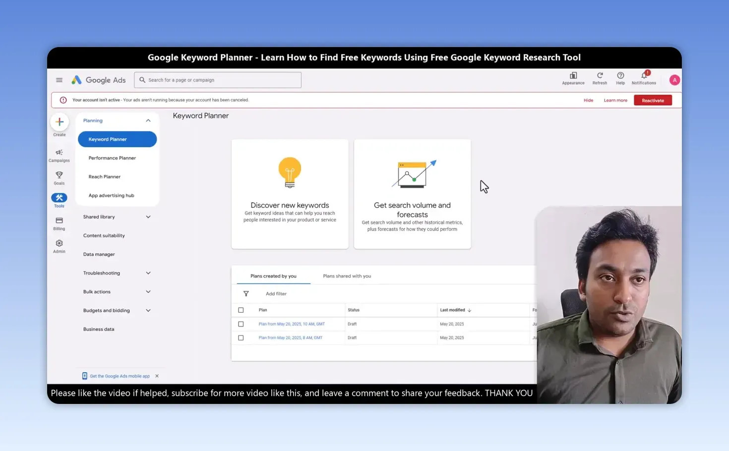 Google Keyword Planner screen with the two options, Discover new keywords and Get search volume and forecasts, above a list of saved plans