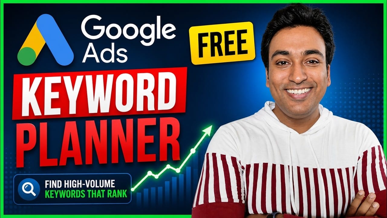 Google Keyword Planner for SEO video thumbnail with the Google Ads logo, the words Keyword Planner and Free, and a rising chart