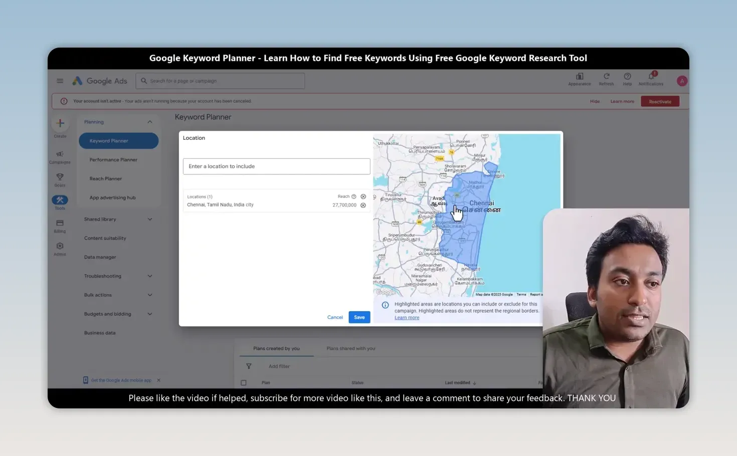 Keyword Planner location window with Chennai, Tamil Nadu, India selected and highlighted on the map, with a reach of 27,700,000