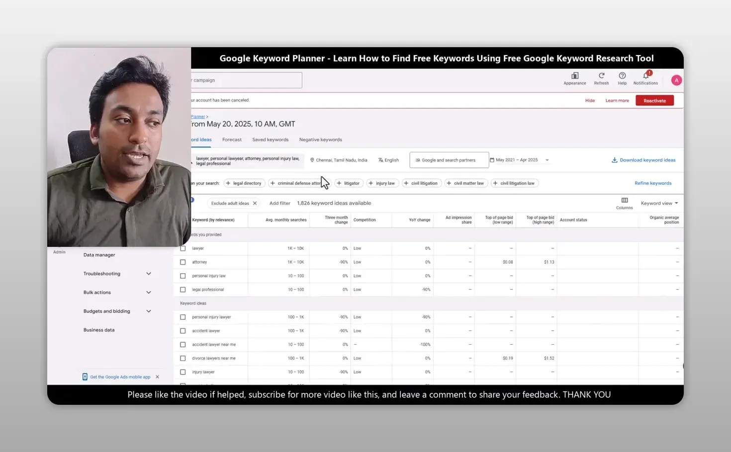 Keyword Planner results for lawyer keywords in Chennai in English, 1,826 ideas, with lawyer and attorney at 1K to 10K monthly searches and Low competition