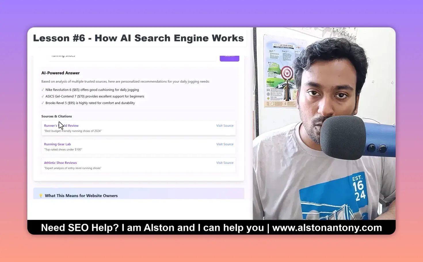 Lesson demo of an AI-powered answer for running shoes recommending three models with prices, above a Sources and Citations list with Visit Source links