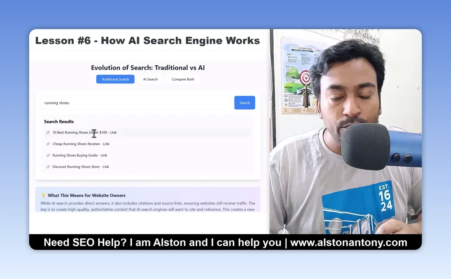 Lesson demo of a traditional search for running shoes, returning a list of links such as a best running shoes guide and a buying guide