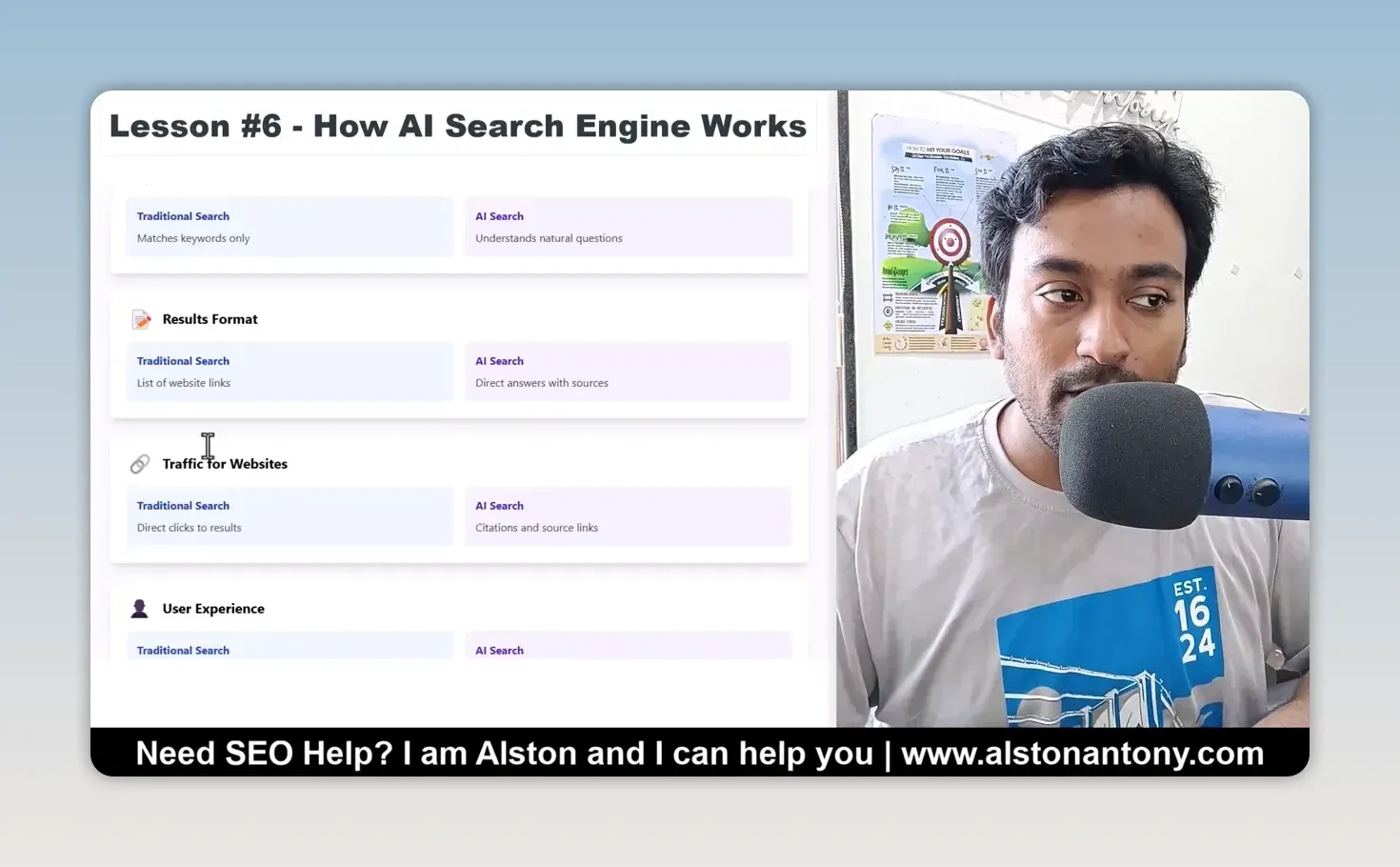 Lesson slide comparing traditional and AI search by results format, a list of links against direct answers with sources, and by traffic for websites