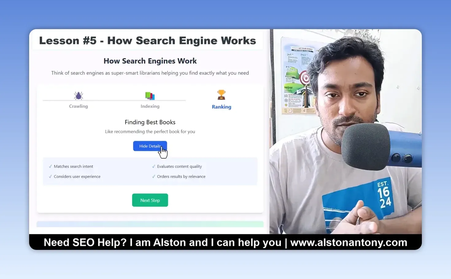 Lesson slide on ranking as recommending the best book: matching search intent and weighing quality and experience